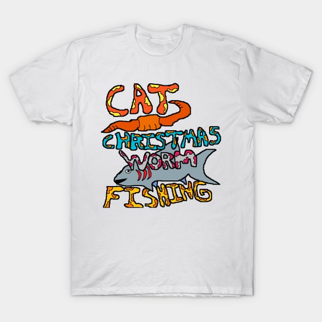 cat Christmas worm fishing T-Shirt by Catbrat